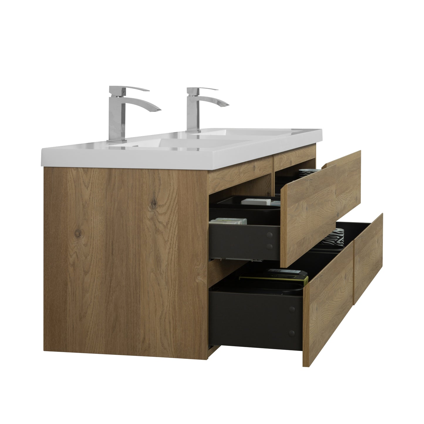 71'' Wall Mounted Double Bathroom Vanity in Natural Wood With White Solid Surface sink