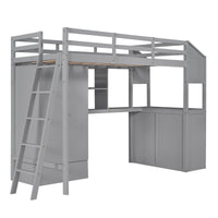 Twin Size Loft Bed with Wardrobe and Drawers, attached Desk with Shelves, Gray