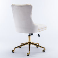 A&A Furniture Office Chair,Velvet Upholstered Tufted Button Home Office Chair with Golden Metal Base,Adjustable Desk Chair Swivel Office Chair (Beige)