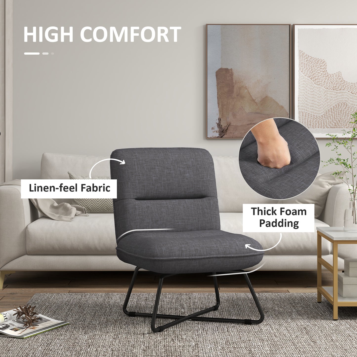 HOMCOM Armless Accent Chair, Upholstered Slipper Chair for Living Room with Crossed Steel Legs, Dark Gray