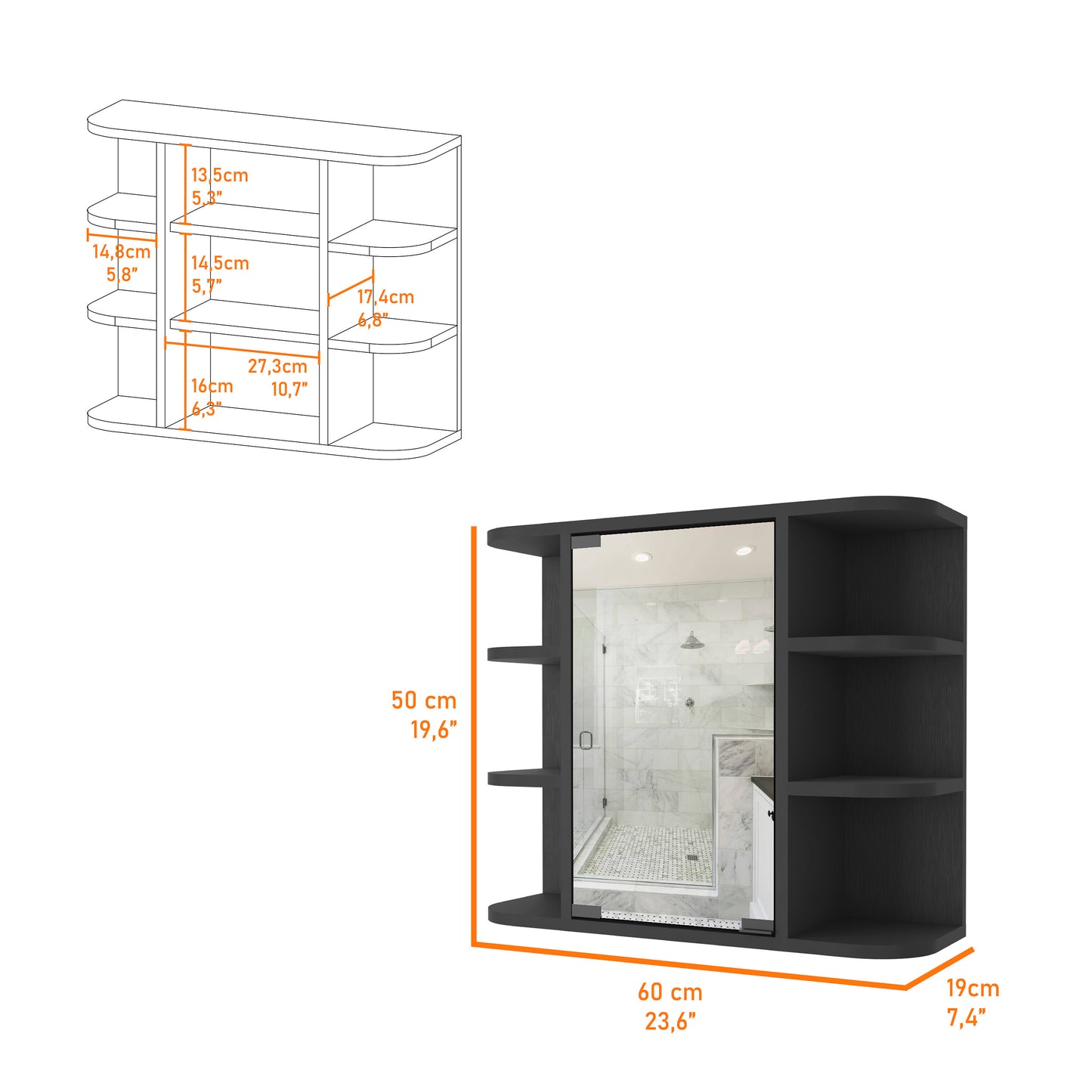 Roseburg 6-Shelf Medicine Cabinet with Mirorr Black Wengue