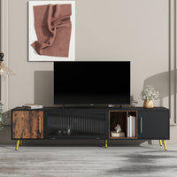 ON-TREND Stylish TV Stand with Golden Metal Handles&Legs, Two-tone Media Console for TVs Up to 80", Fluted Glass Door TV Cabinet with Removable Compartment for Living Room, Black