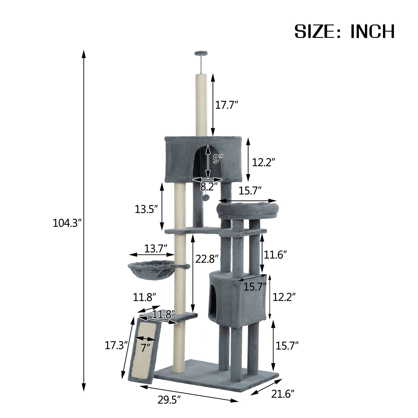 Cat Tree, 105-Inch Cat Tower for Indoor Cats, Plush Multi-Level Cat Condo with 3 Perches, 2 Caves, Cozy Basket and Scratching Board, GRAY COLOR