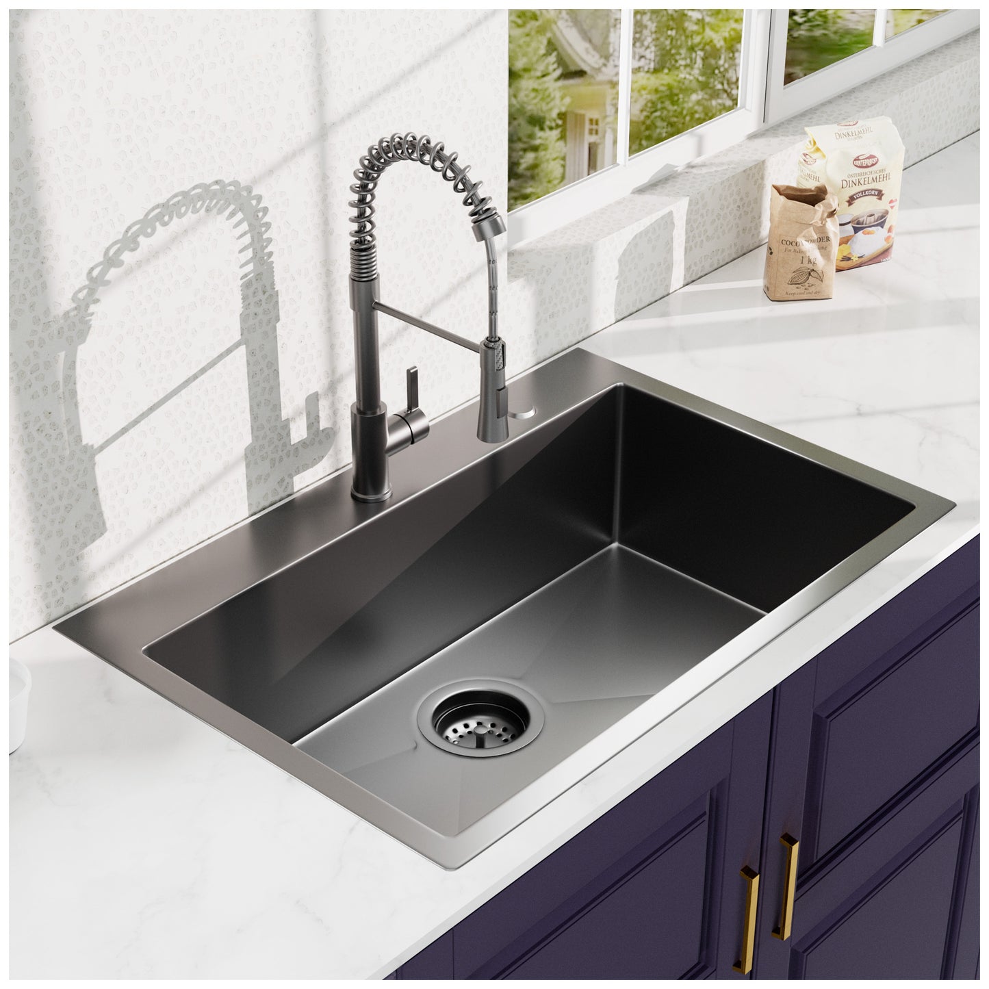 33Inch Topmount 18Gauge Stainless Steel kitchen Sink With  Black Spring Neck Faucet