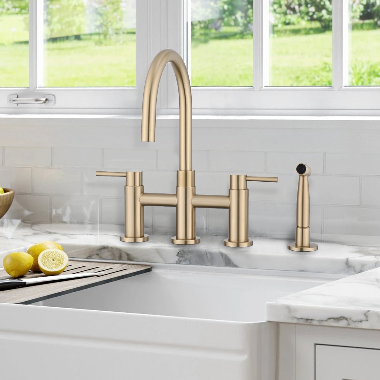 Double Handle Bridge Kitchen Faucet with Side Spray