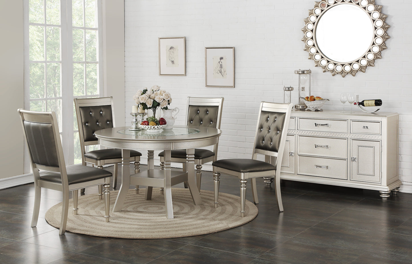 Round Dining Table Silver / Grey Finish Rubber wood Frame Center Glass Top Dinette Table