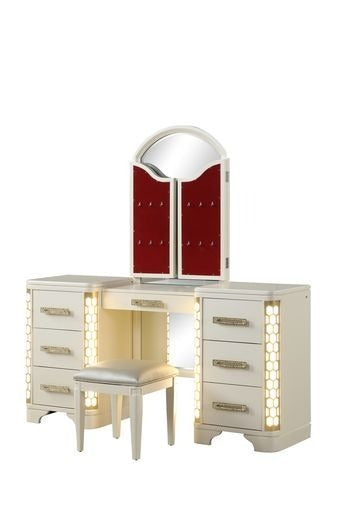 Jasmine Queen 5 Pc Unique LED Vanity Bedroom Set made with Wood in Beige