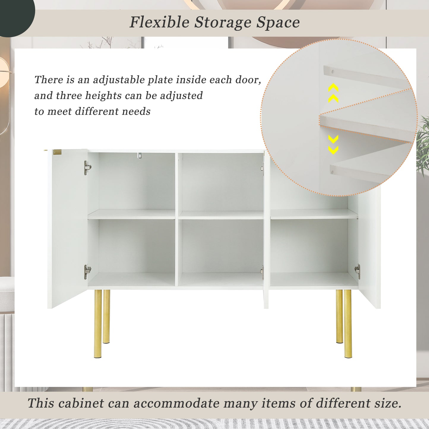 TREXM Modern Simple & Luxury Style Sideboard Particle Board & MDF Board Cabinet with Gold Metal Legs & Handles, Adjustable Shelves for Living Room, Dining Room (White)