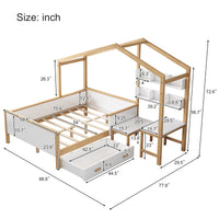 Full Size Wooden House Bed White and Original Wood Colored Frame with Drawer, Desk and Bookshelf for Children or Guest Room