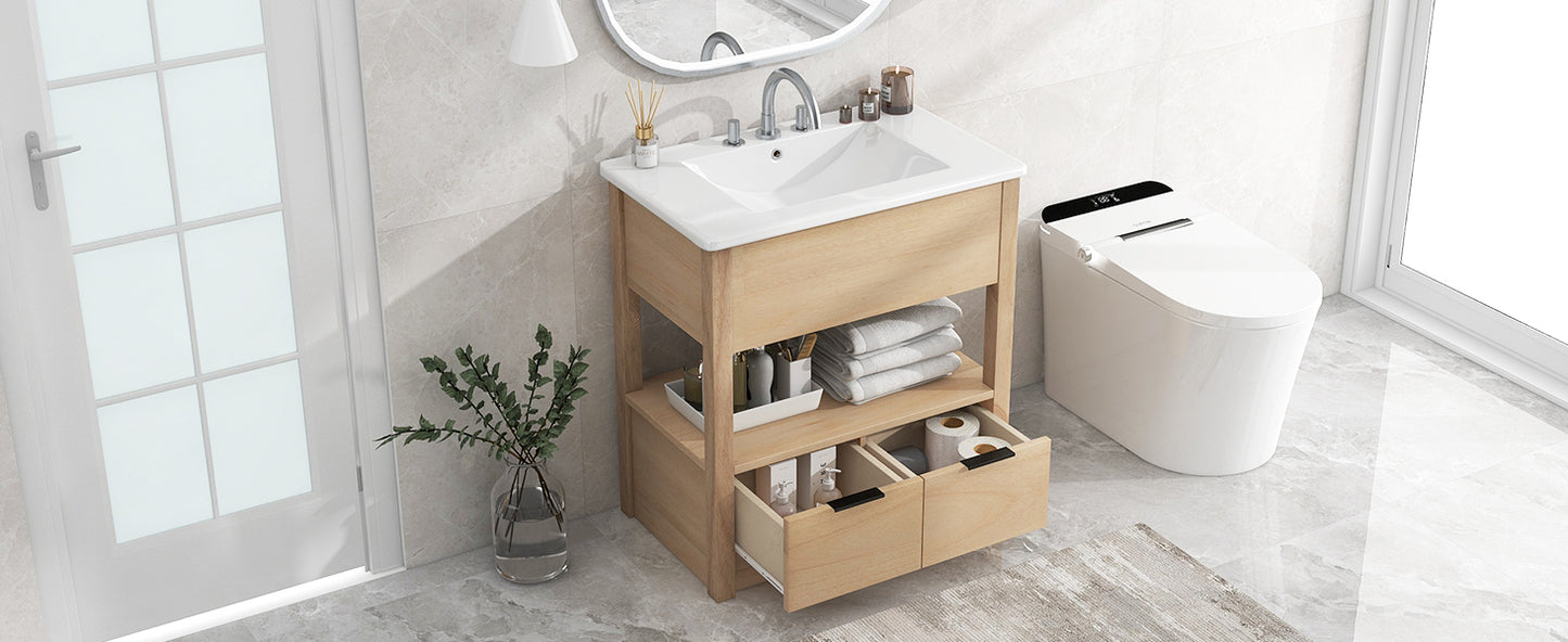 30" Bathroom Vanity with Sink Top, Bathroom Cabinet with Open Storage Shelf and Two Drawers, One Package, Natural