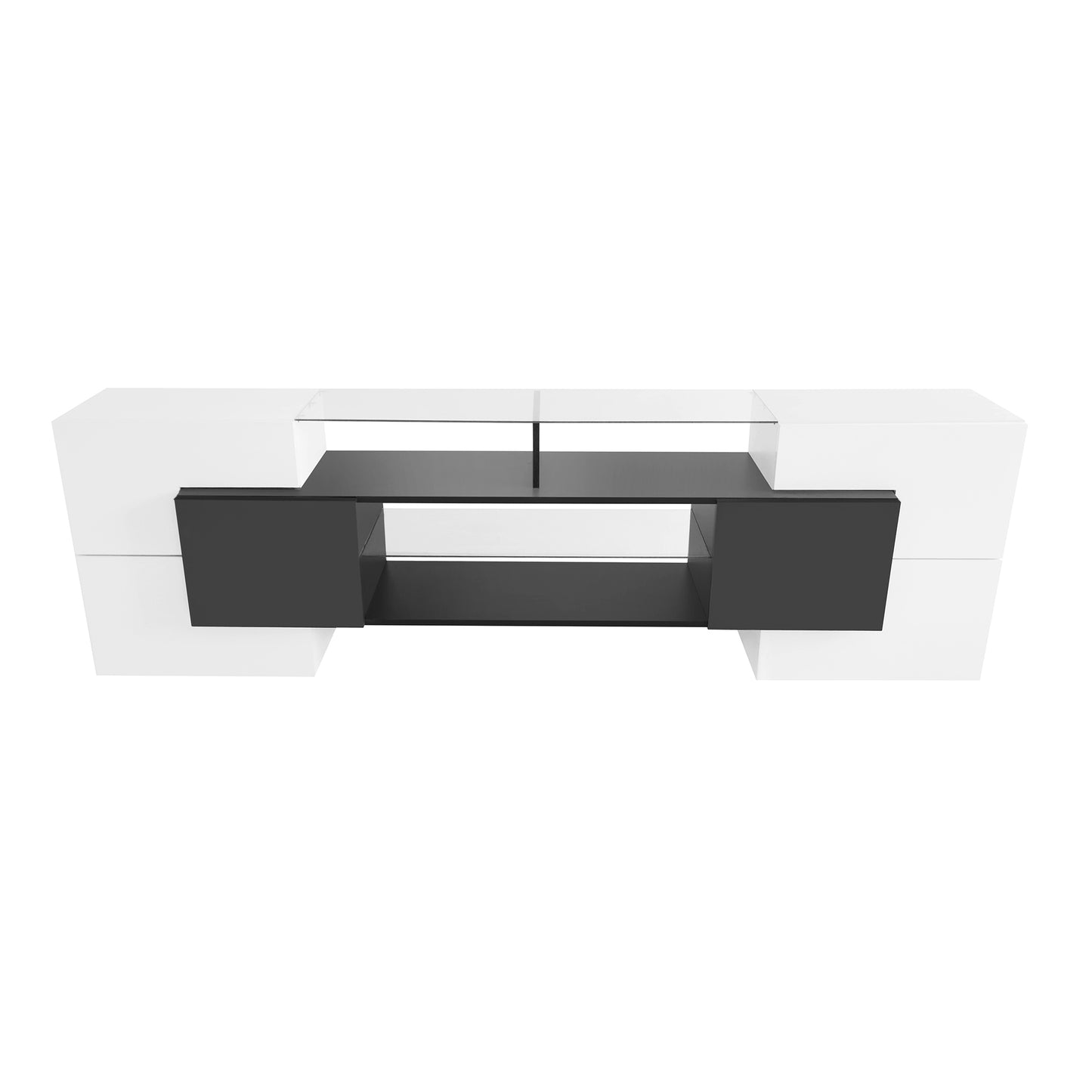 ON-TREND Unique Shape TV Stand with 2 Illuminated Glass Shelves, High Gloss Entertainment Center for TVs Up to 80", Versatile TV Cabinet with LED Color Changing Lights for Living Room, Black&White