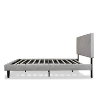 Full Size Linen Light Beige Sqaure Upholstered Platform Bed With Slat Support.