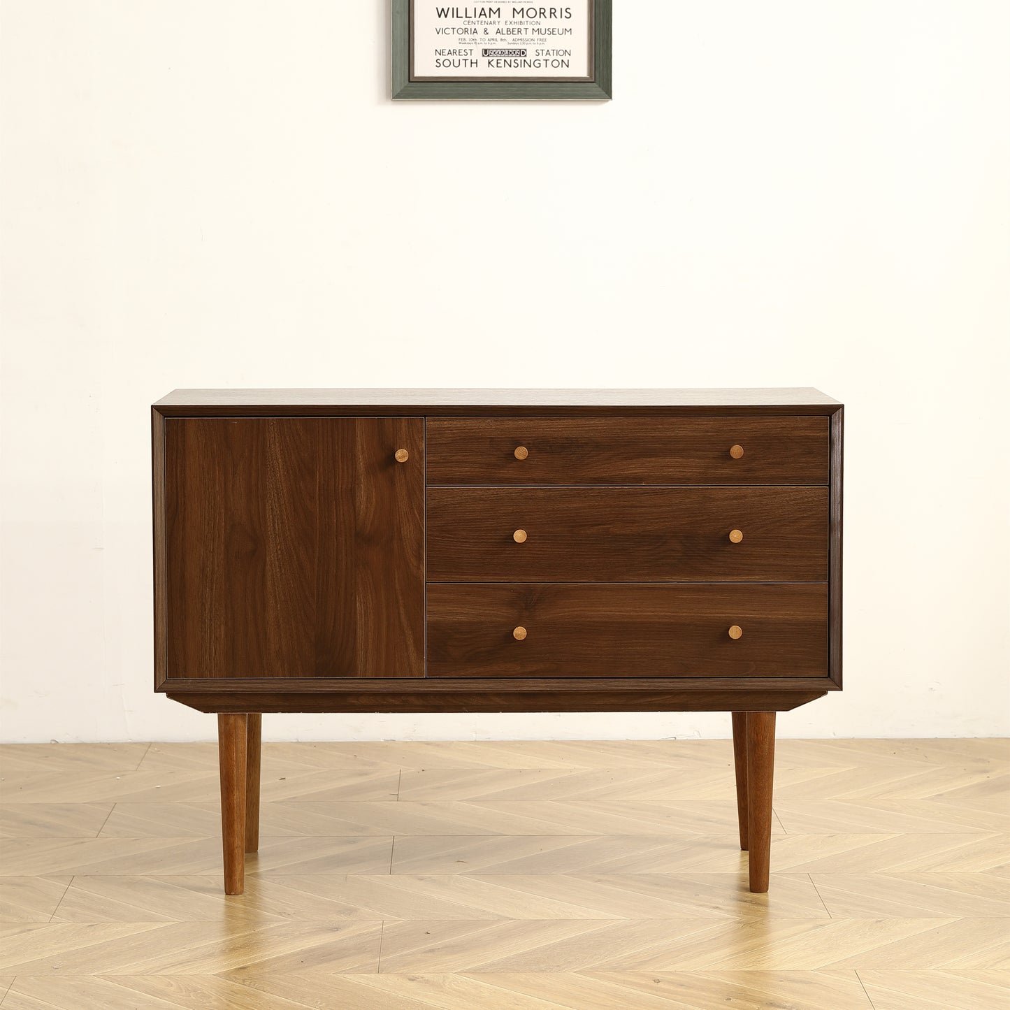 Modern Buffet Cabinet Sideboard with Walnut Finish, Solid Wood Legs - 43.3 Inch Stylish Design, One Door, Three Drawers, Smooth Metal Rails