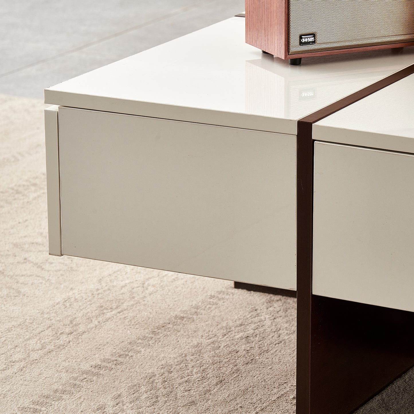 Victoria Collection Modern Style High Gloss & Veneer Finished Living Room Square Coffee Table with 4 Drawers - White & Walnut, Particle Board