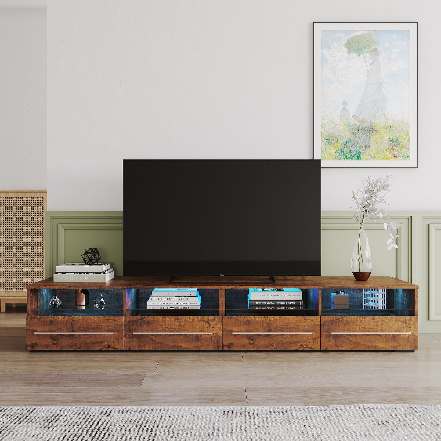 The walnut color TV cabinet has two drawers with color-changing light strips