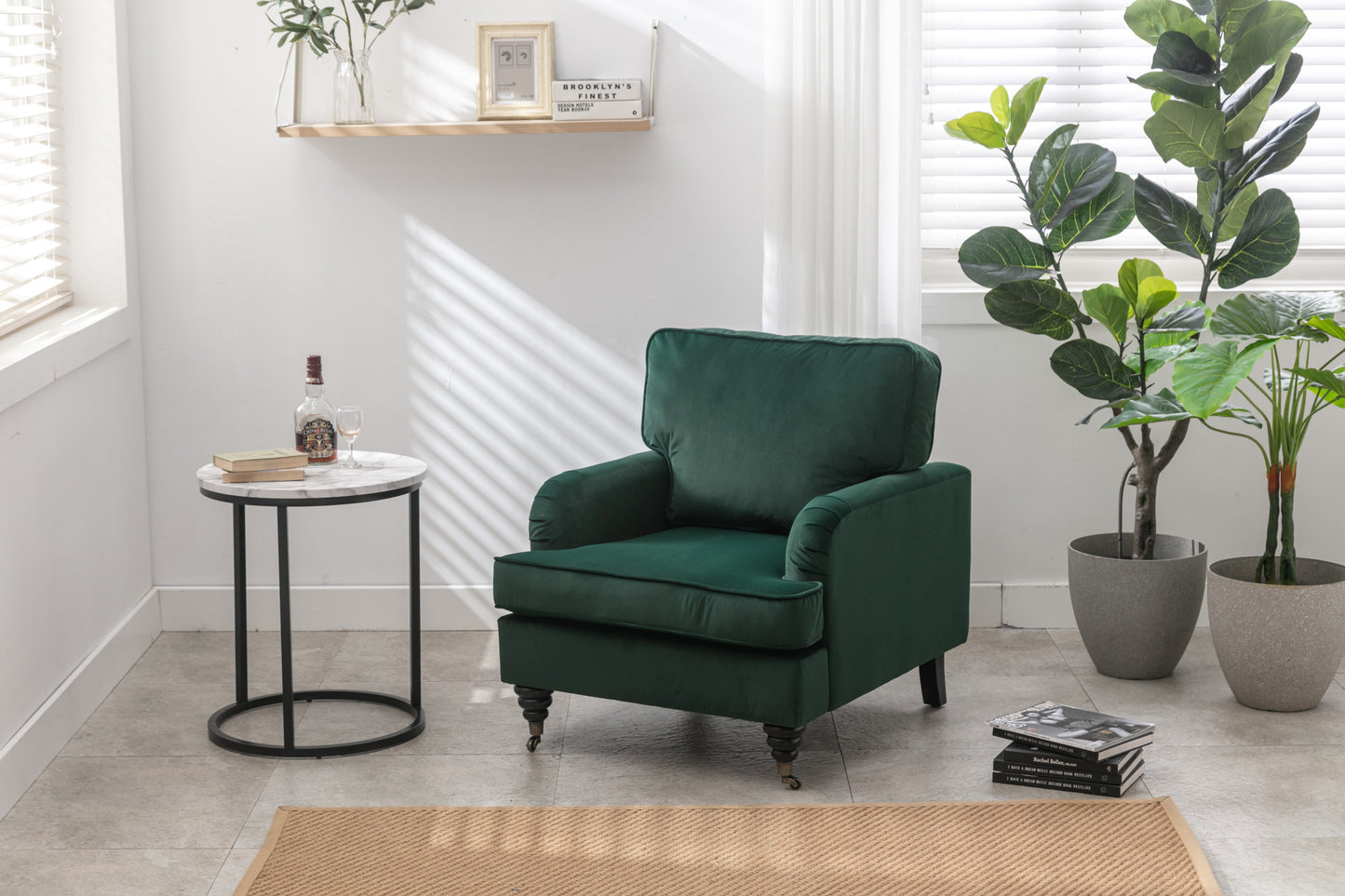 Velvet Accent Chair, Sofa Armchair with Casters, Mid-Century Modern Velvet Upholstered Comfort Oversized Armchair with Wooden Legs, Reading Chair，Living Room Chair, Dark  Green