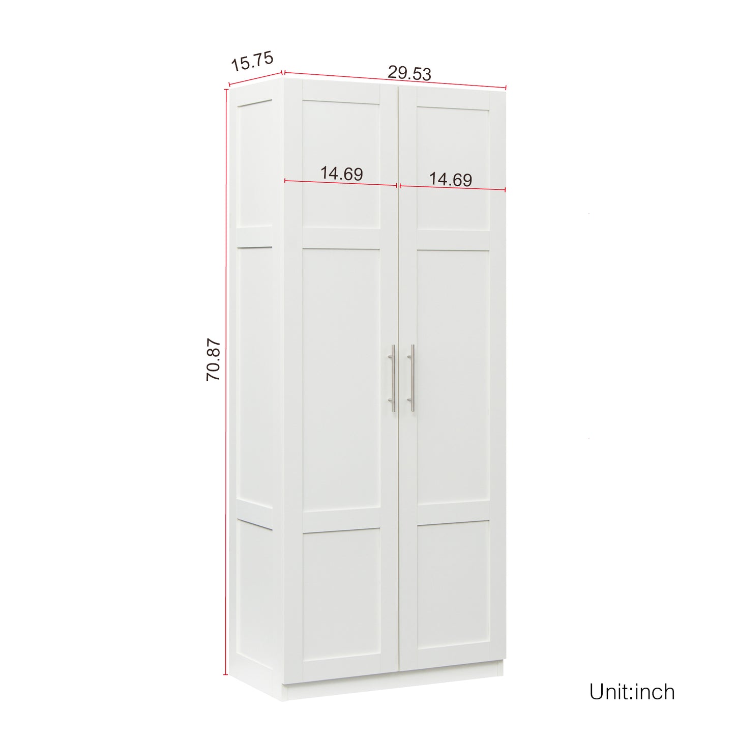 High wardrobe and kitchen cabinet with 2 doors and 3 partitions to separate 4 storage spaces,white