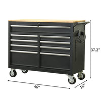 Premium 46-Inch Rolling Tool Chest with Wooden Top and 9 Drawers - 1500 lbs Load Capacity, Casters, Handle, Power Strip, Locking System - Perfect Mobile Storage Cabinet for Your Tools and Equipment.