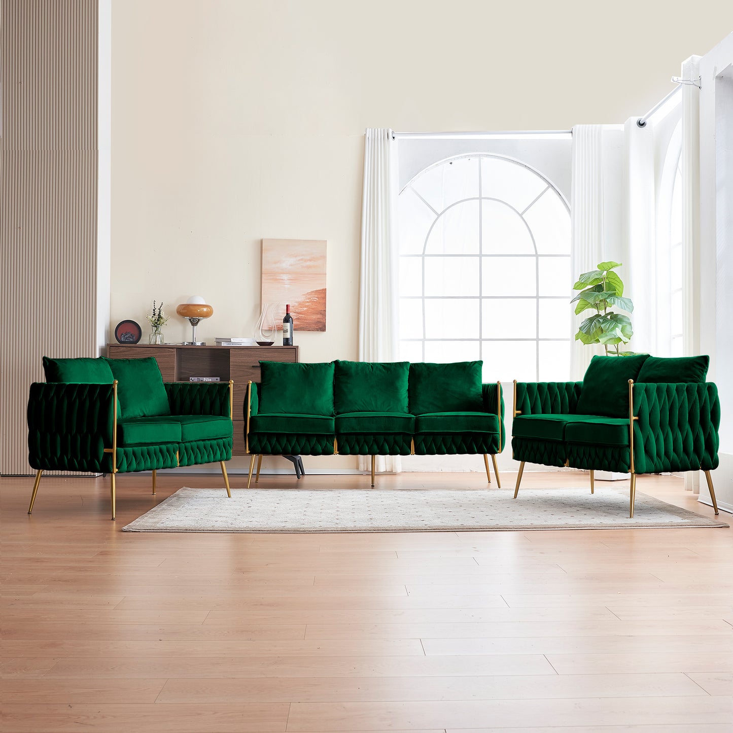 3 Piece Modern Velvet Upholstered Living Room Set with 3-Seater Sofa and 2 Loveseats, Handmade Woven Tufted Back and Arms, Golden Metal Legs, Green Velvet