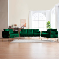 3 Piece Modern Velvet Upholstered Living Room Set with 3-Seater Sofa and 2 Loveseats, Handmade Woven Tufted Back and Arms, Golden Metal Legs, Green Velvet