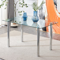 Modern minimalist glass dining table. A transparent tempered glass desktop with a thickness of 0.3 feet and silver metal legs. Suitable for restaurants and living rooms.   51"*31.4"*29.5"