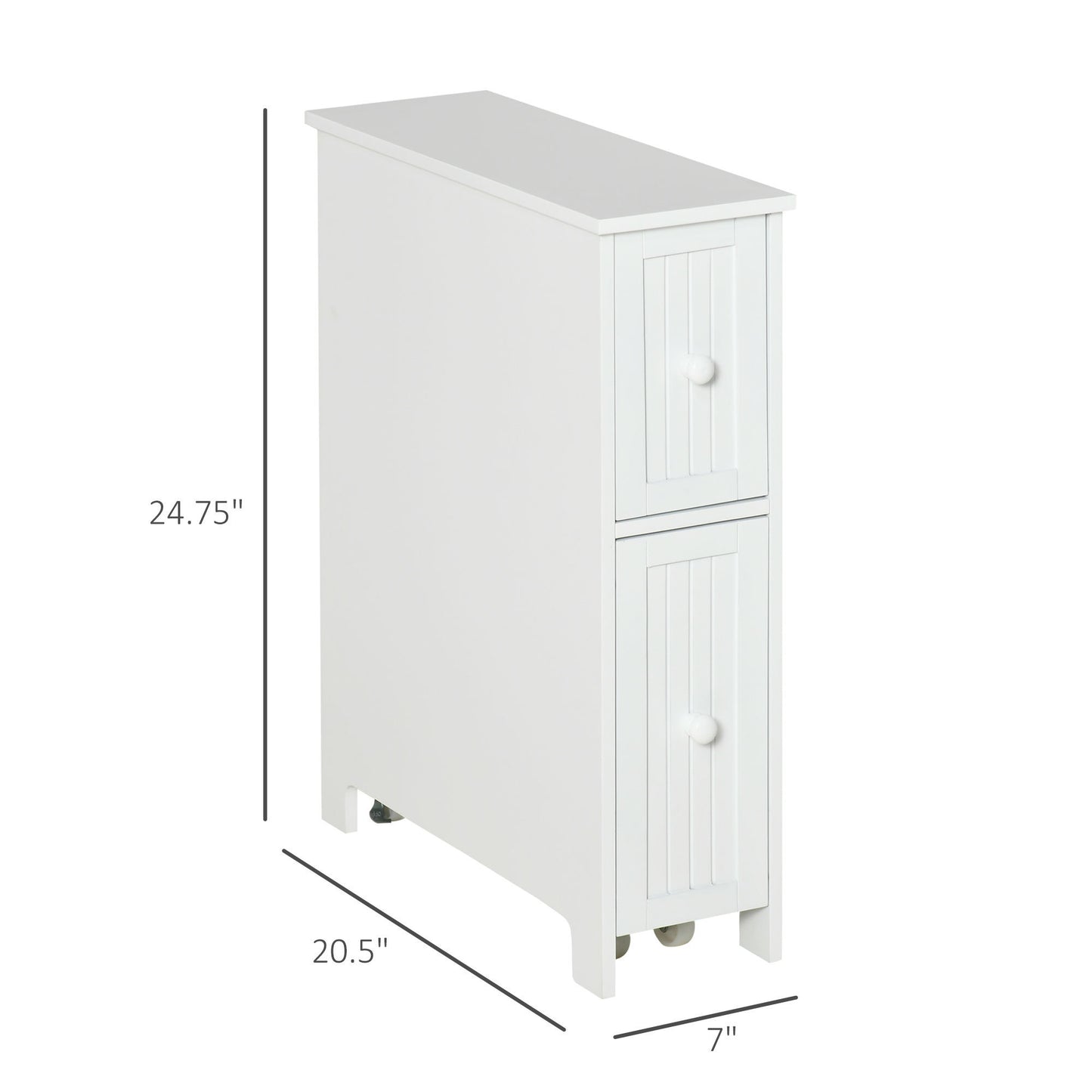 kleankin Slim Bathroom Cabinet, Freestanding Storage Cabinet, Toilet Paper Holder with Two Drawers, Side Towel Rack, and Wheels, 7 x 20.5 x 24.75 Inches, White