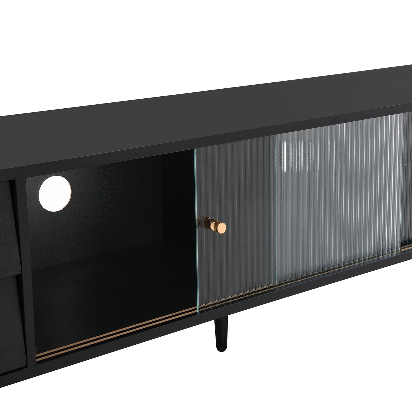 ON-TREND Contemporary TV Stand with Sliding Fluted Glass Doors, Slanted Drawers Media Console for TVs Up to 70", Chic Elegant TV Cabinet with Golden Metal Handles , Black