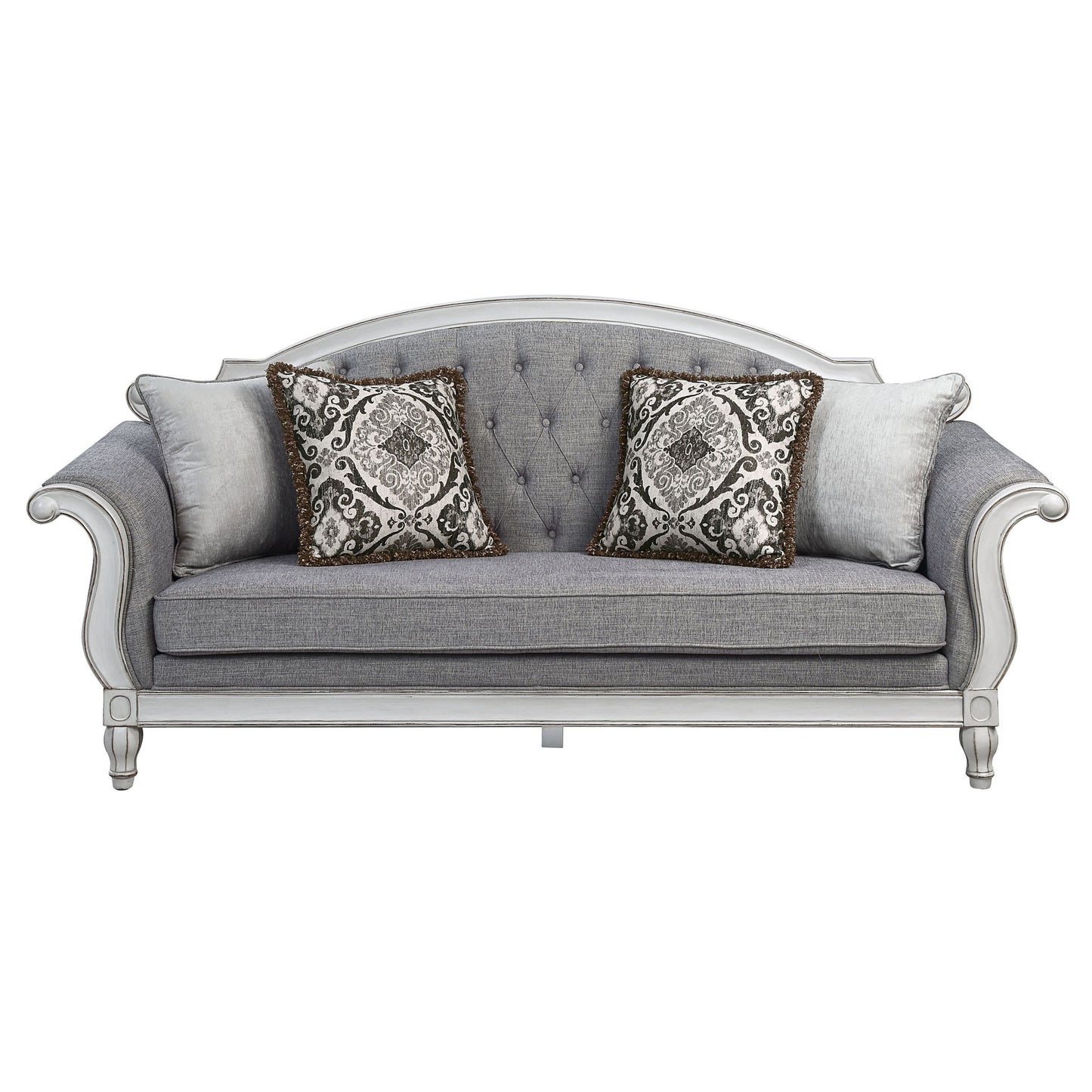 ACME Florian Sofa w/4 Pillows, Gray Fabric & Antique White Finish LV02119