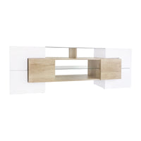 ON-TREND Unique Shape TV Stand with 2 Illuminated Glass Shelves, High Gloss Entertainment Center for TVs Up to 80", Versatile TV Cabinet with LED Color Changing Lights for Living Room, Wood