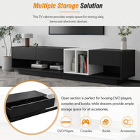 ON-TREND Sleek and Stylish TV Stand with Perfect Storage Solution, Two-tone Media Console for TVs Up to 80'', Functional TV Cabinet with Versatile Compartment for Living Room, Black