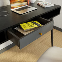 Mid Century Desk with USB Ports and Power Outlet, Modern Writing Study Desk with Drawers, Multifunctional Home Office Computer Desk Black