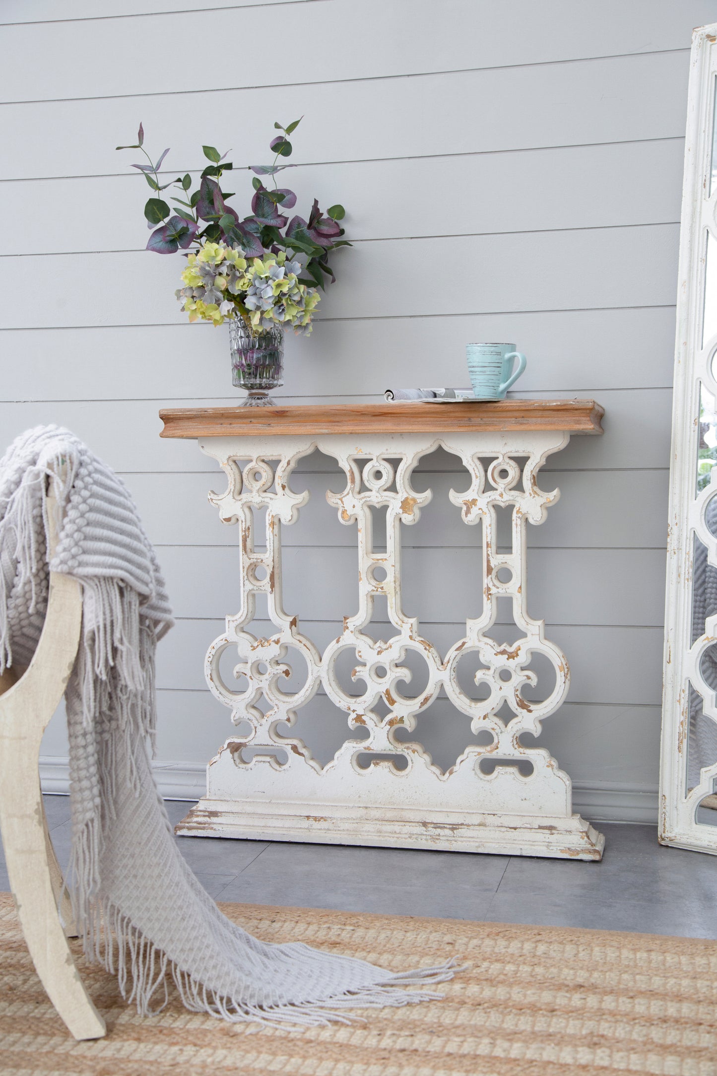 32" x 12" x 32" Classic Vintage White Wash Console Table with Brown Wood Top