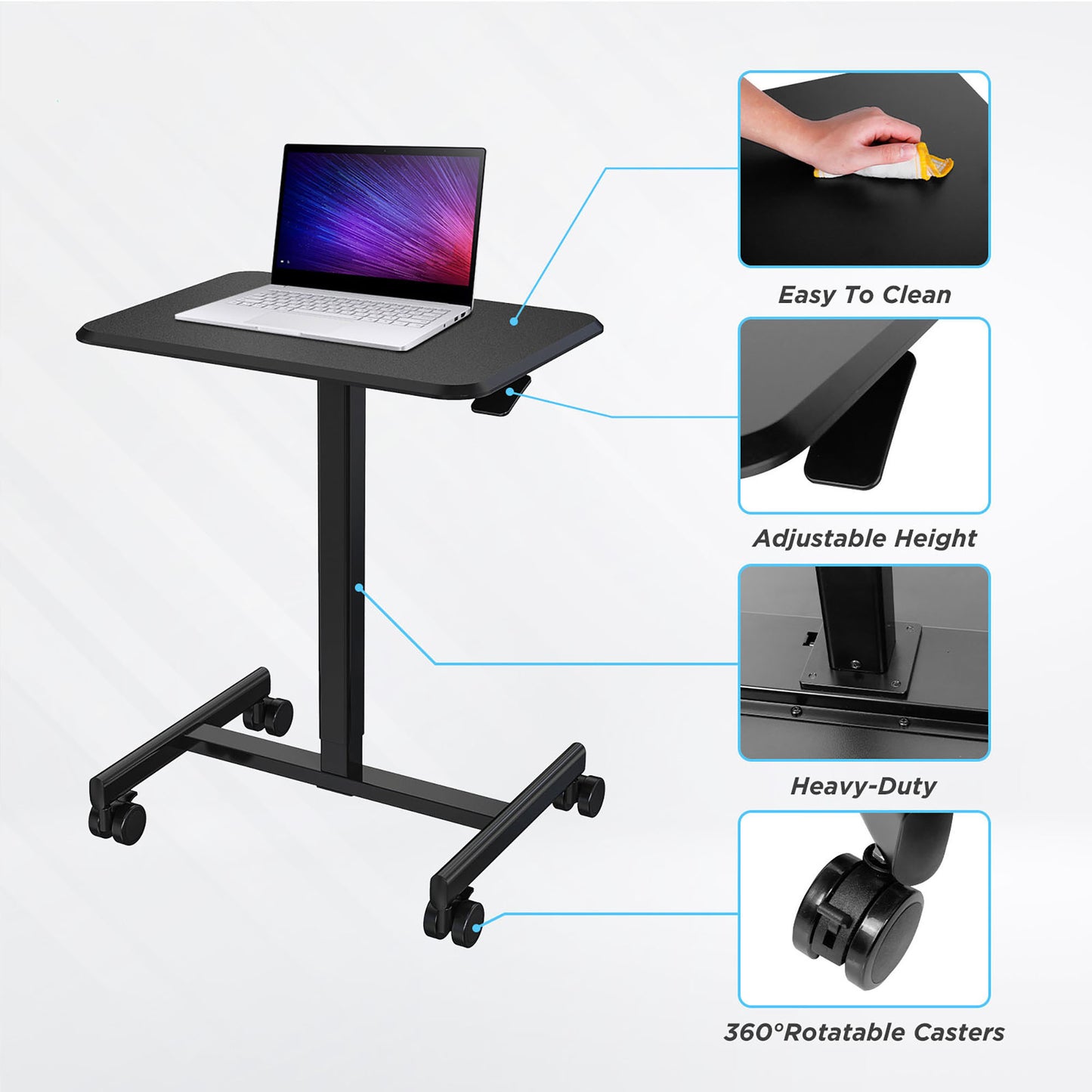 Mobile Laptop Computer Desk, Height-Adjustable from 28.5" to 42.9", Pneumatic Adjustment Height, Rolling Desk, Mobile Table for Home and Office, Black