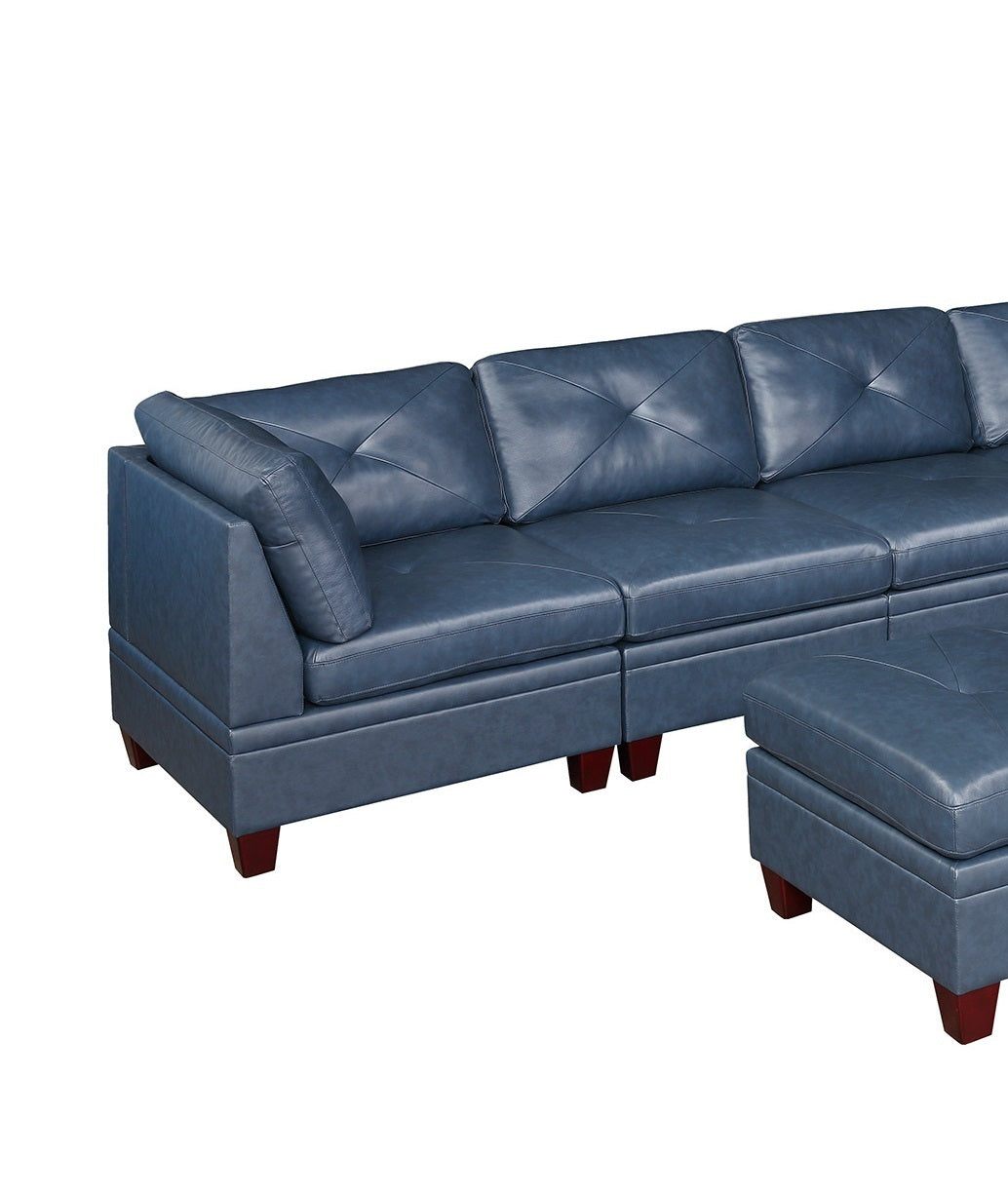 Genuine Leather Ink Blue Tufted 6pc Sectional Set 3x Corner Wedge 3x Armless Chair Living Room Furniture Sofa Couch