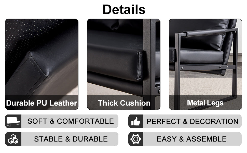 Sofa set. PU leather armchair metal frame cushion armchair, cushion backrest, living room sofa 1 double sofa+2 single sofa (black PU leather+metal frame+foam) SF-008 SF-D008