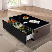 Modern Smart Coffee Table with Built-in Fridge, Bluetooth Speaker, Wireless Charging Module, Touch Control Panel, Power Socket, USB Interface, Outlet Protection, Atmosphere light, and More