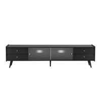 ON-TREND Contemporary TV Stand with Sliding Fluted Glass Doors, Slanted Drawers Media Console for TVs Up to 70", Chic Elegant TV Cabinet with Golden Metal Handles , Black