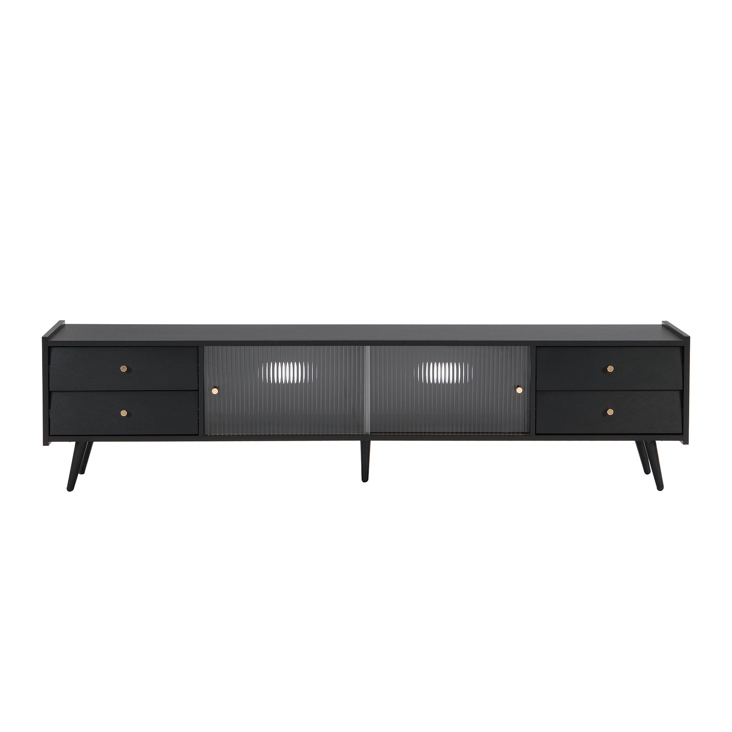 ON-TREND Contemporary TV Stand with Sliding Fluted Glass Doors, Slanted Drawers Media Console for TVs Up to 70", Chic Elegant TV Cabinet with Golden Metal Handles , Black