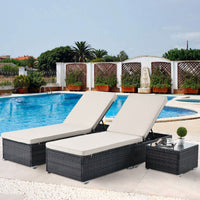 Brown 3-Piece Wicker Outdoor Chaise Lounge Set with Begie Cushions, End Table