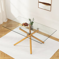 Large Modern Minimalist Rectangular Glass Dining Table for 6-8 with 0.39" Tempered Glass Tabletop and Wood color Metal Legs, for Kitchen Dining Living Meeting Room Banquet hall, 71" W x 39" D x 301537