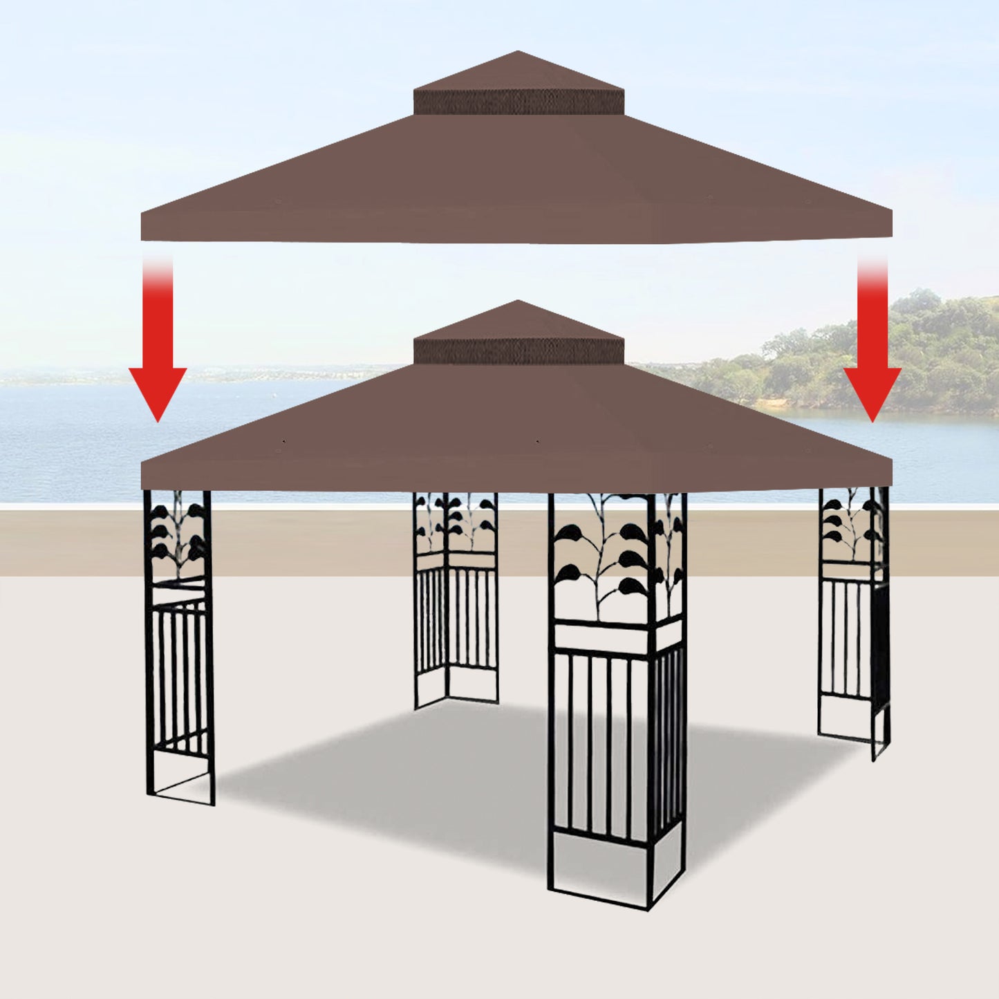 10x10 Ft Outdoor Patio Gazebo Replacement Canopy, Double Tiered Gazebo Tent Roof Top Cover Only（Frame Not Include）