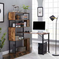 Home Office Computer Desk L-Shaped Corner Table, Rotating Computer Table with 5-Tier Bookshelf, Four Installation Methods, Lockable Casters (Tiger)