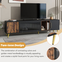 ON-TREND Stylish TV Stand with Golden Metal Handles&Legs, Two-tone Media Console for TVs Up to 80", Fluted Glass Door TV Cabinet with Removable Compartment for Living Room, Black