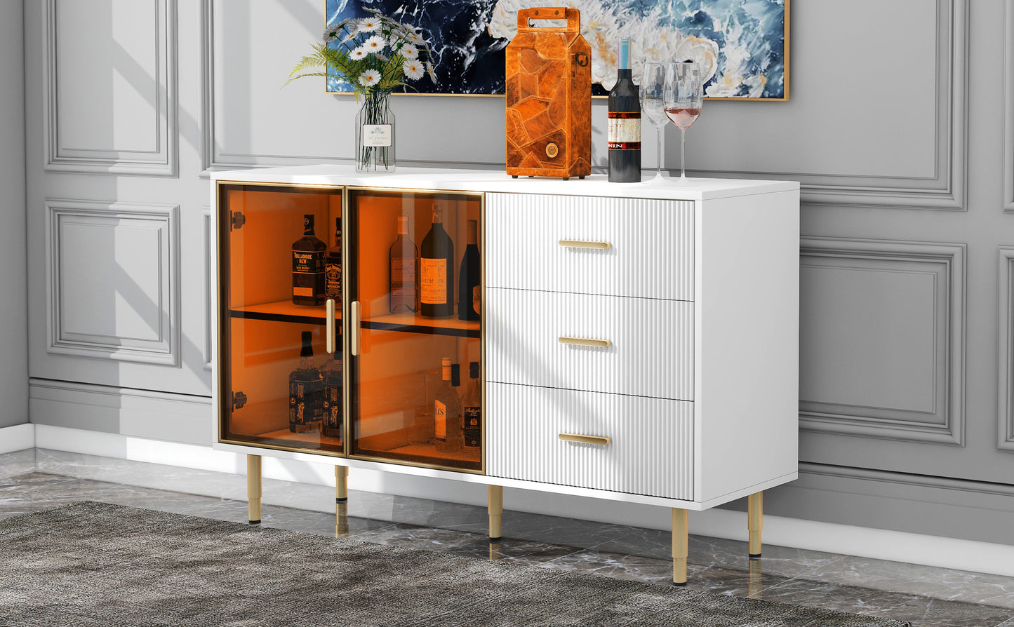 TREXM Modern Sideboard MDF Buffet Cabinet Marble Sticker Tabletop and Amber-yellow Tempered Glass Doors with Gold Metal Legs & Handles (White)