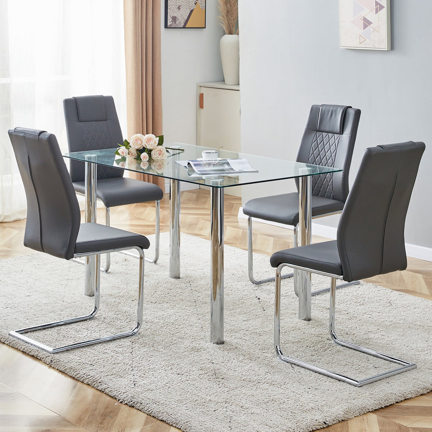 Modern minimalist glass dining table. A transparent tempered glass desktop with a thickness of 0.3 feet and silver metal legs. Suitable for restaurants and living rooms.   51"*31.4"*29.5"