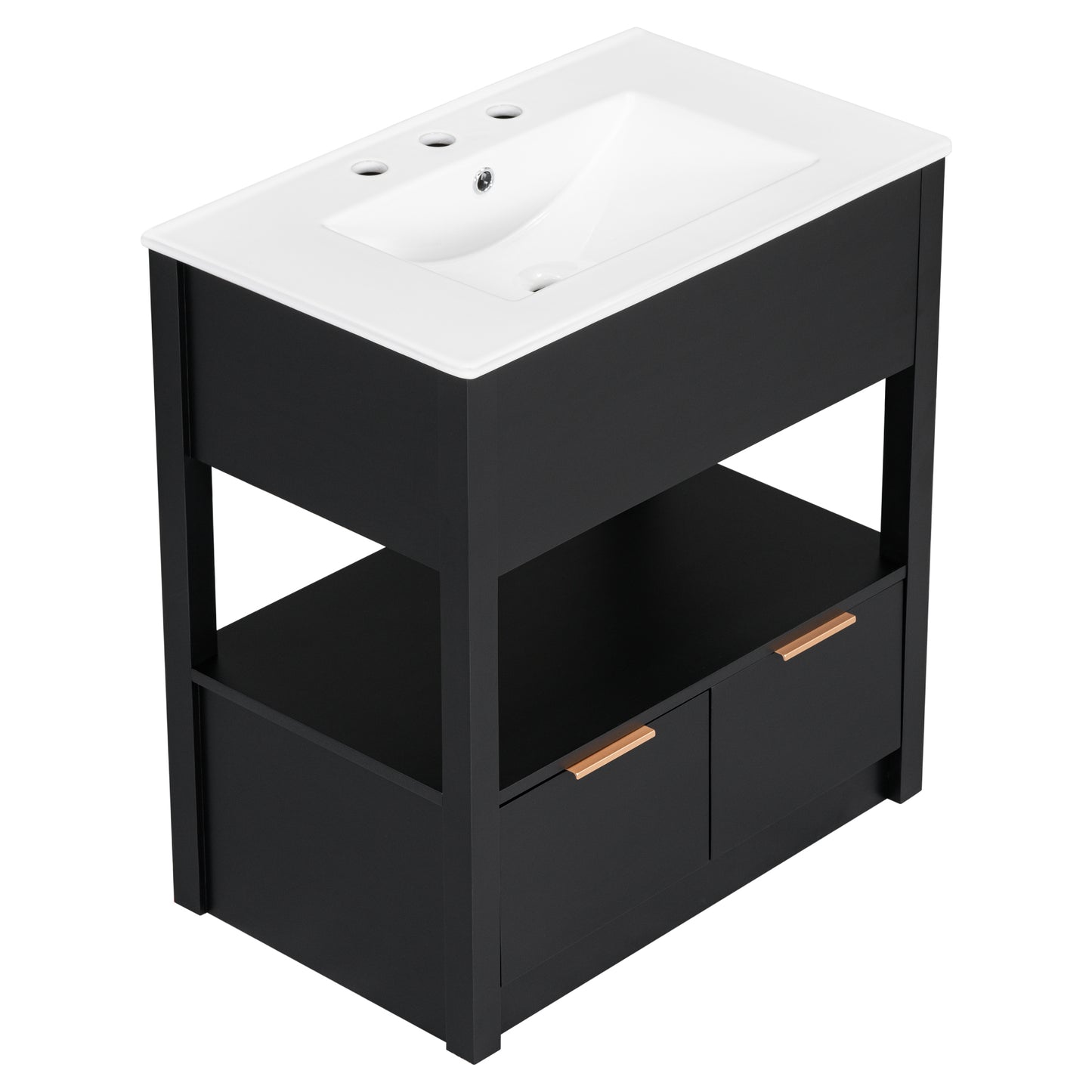 30" Bathroom Vanity with Sink Top, Bathroom Cabinet with Open Storage Shelf and Two Drawers, One Package, Black