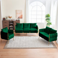 Modern 3-Piece Velvet Upholstered Handmade Woven Back Sofa Sets with Sturdy Metal Legs, Including Three Seat Couch Loveseat, and Single Chair for Living Room, Green Velvet