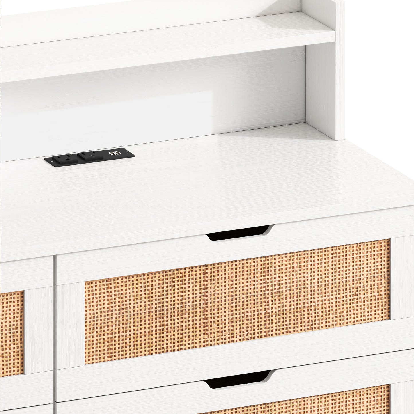 43.31"6-Drawers Rattan Storage Cabinet Rattan Drawer with LED Lights and Power Outlet,for Bedroom,Living Room,White