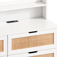 43.31"6-Drawers Rattan Storage Cabinet Rattan Drawer with LED Lights and Power Outlet,for Bedroom,Living Room,White