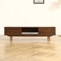 Modern 63 Inch TV Cabinet with Black Walnut Finish and Solid Wood Legs